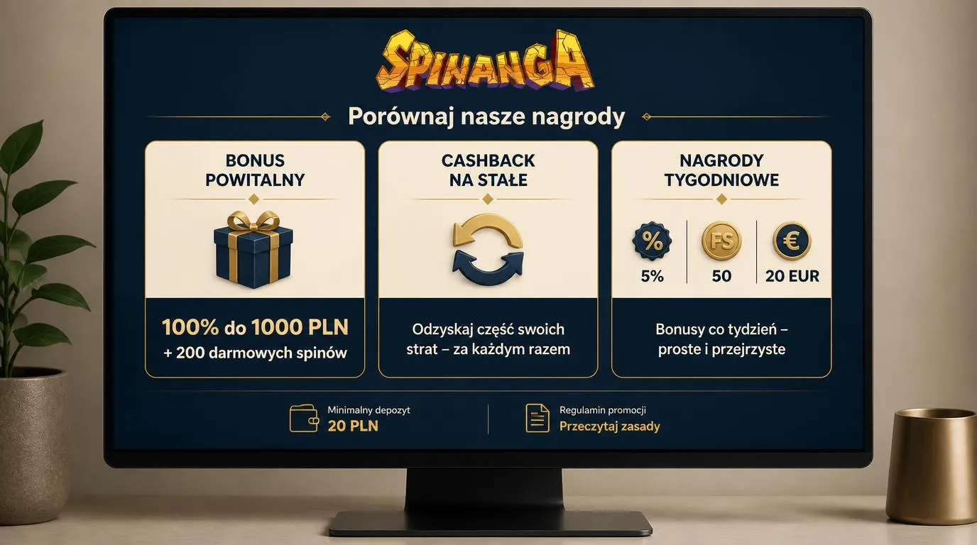 Panel porównujący bonus powitalny, cashback i nagrody tygodniowe z przypomnieniem o depozycie 20 PLN