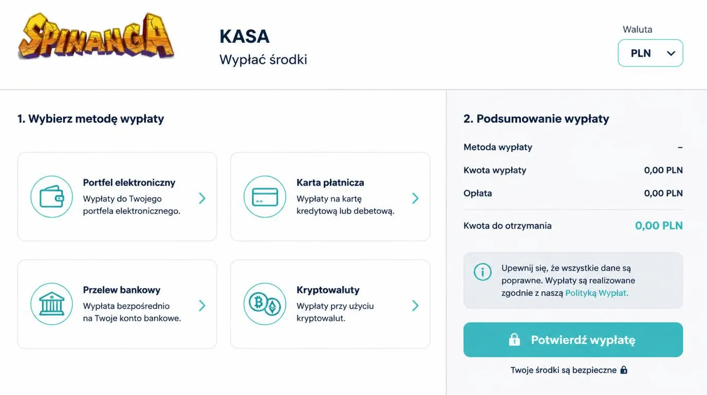 Panel kasy z kategoriami płatności, walutą PLN i podsumowaniem wypłaty